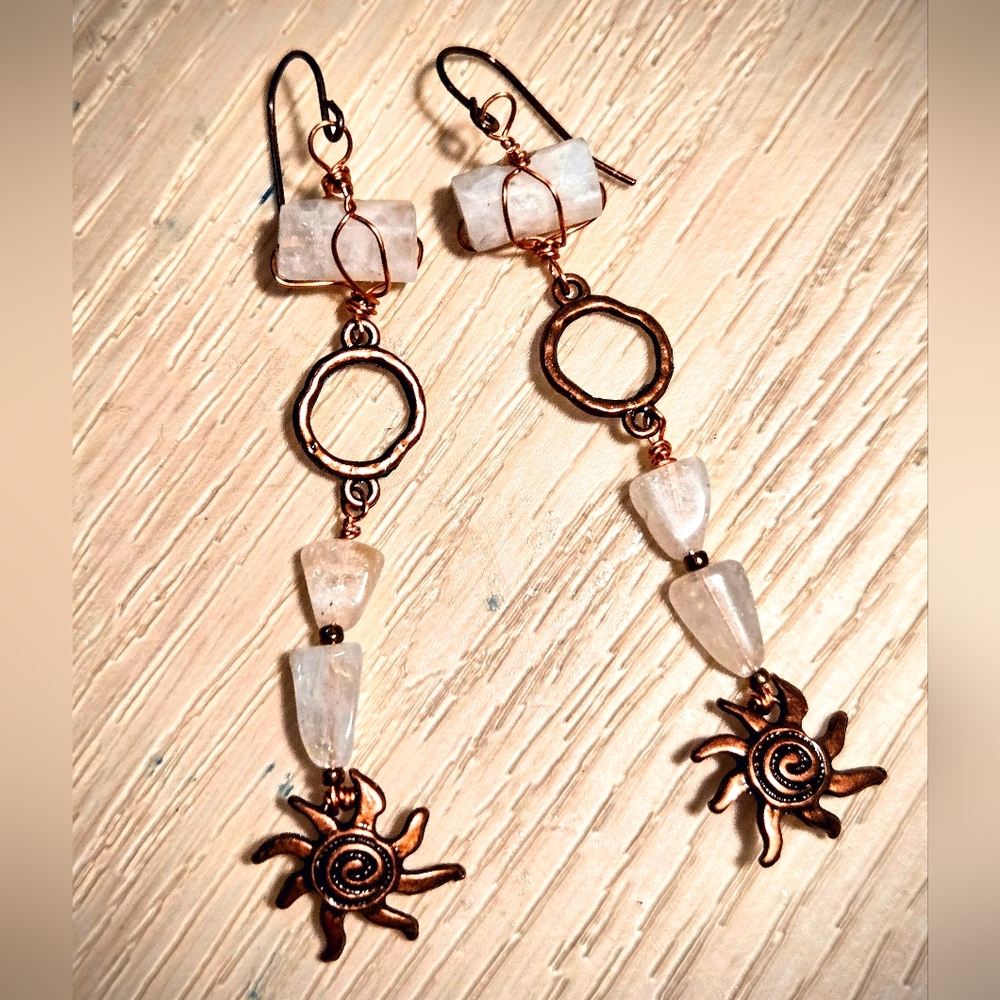 Tribute To Oracles- Dreamy Natural Moonstones In Antique Copper Long  Earrings